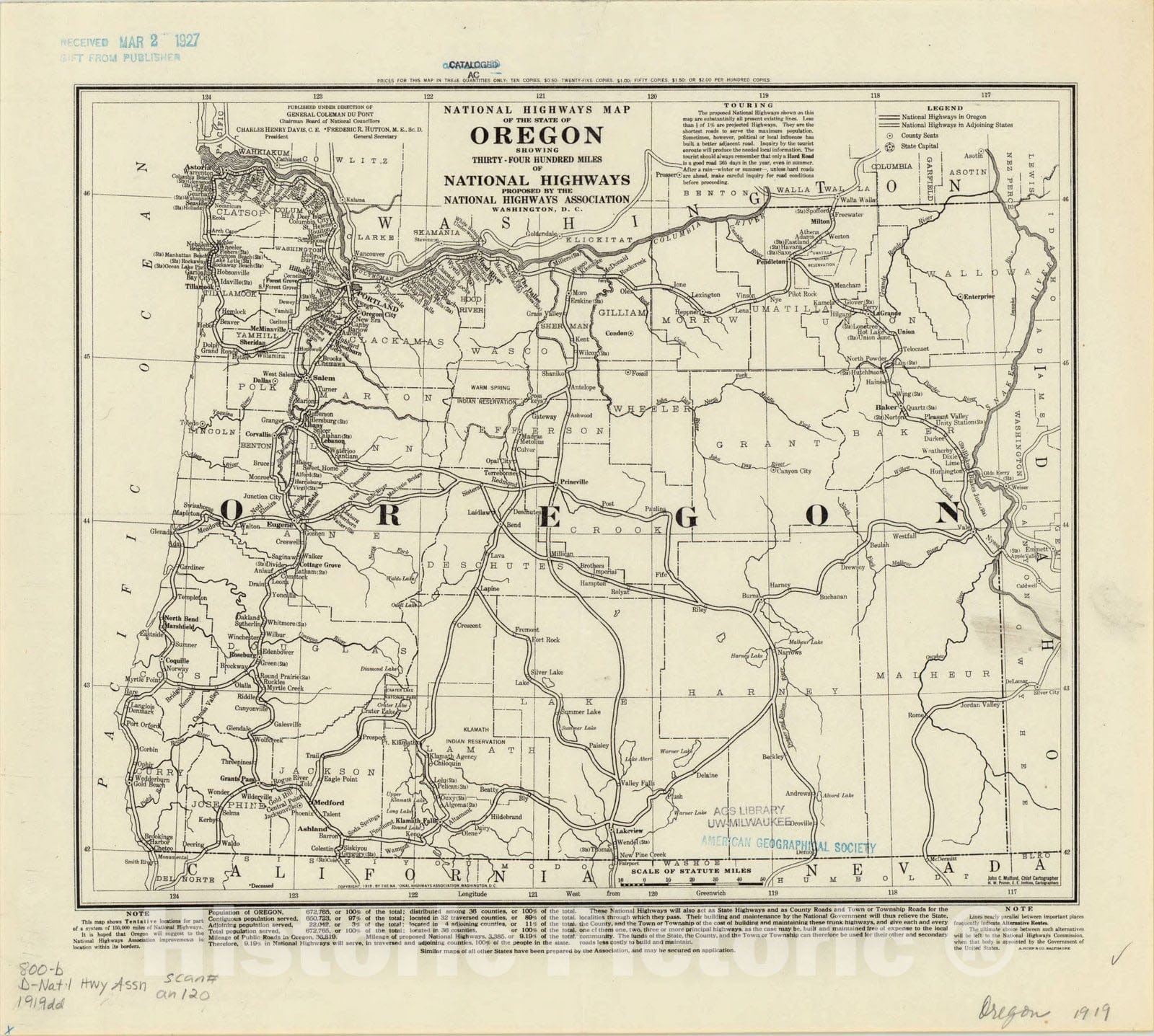 Map : Oregon 1919, National highways map of the state of Oregon : showing thirty-four hundred miles of national highways