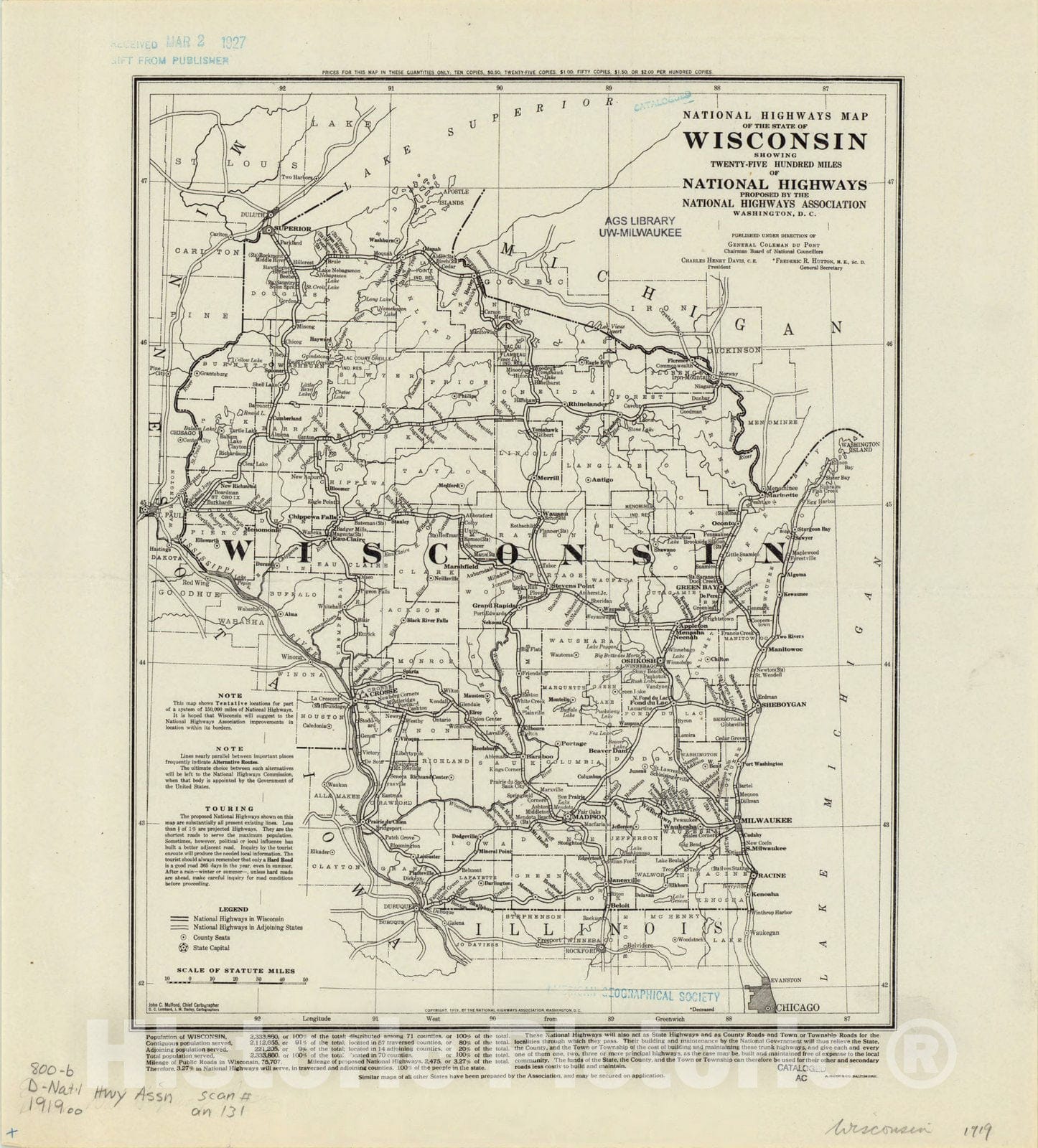 Map : Wisconsin 1919, National highways map of the state of Wisconsin: showing twenty-five hundred miles of national highways