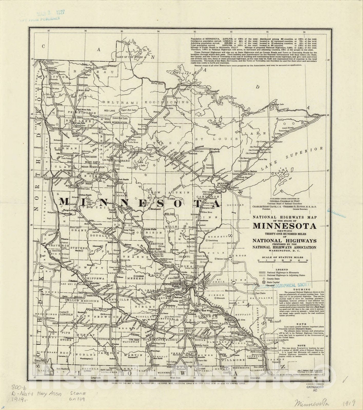 Map : Minnesota 1919, National highways map of the state of Minnesota: showing thirty-one hundred miles of national highways