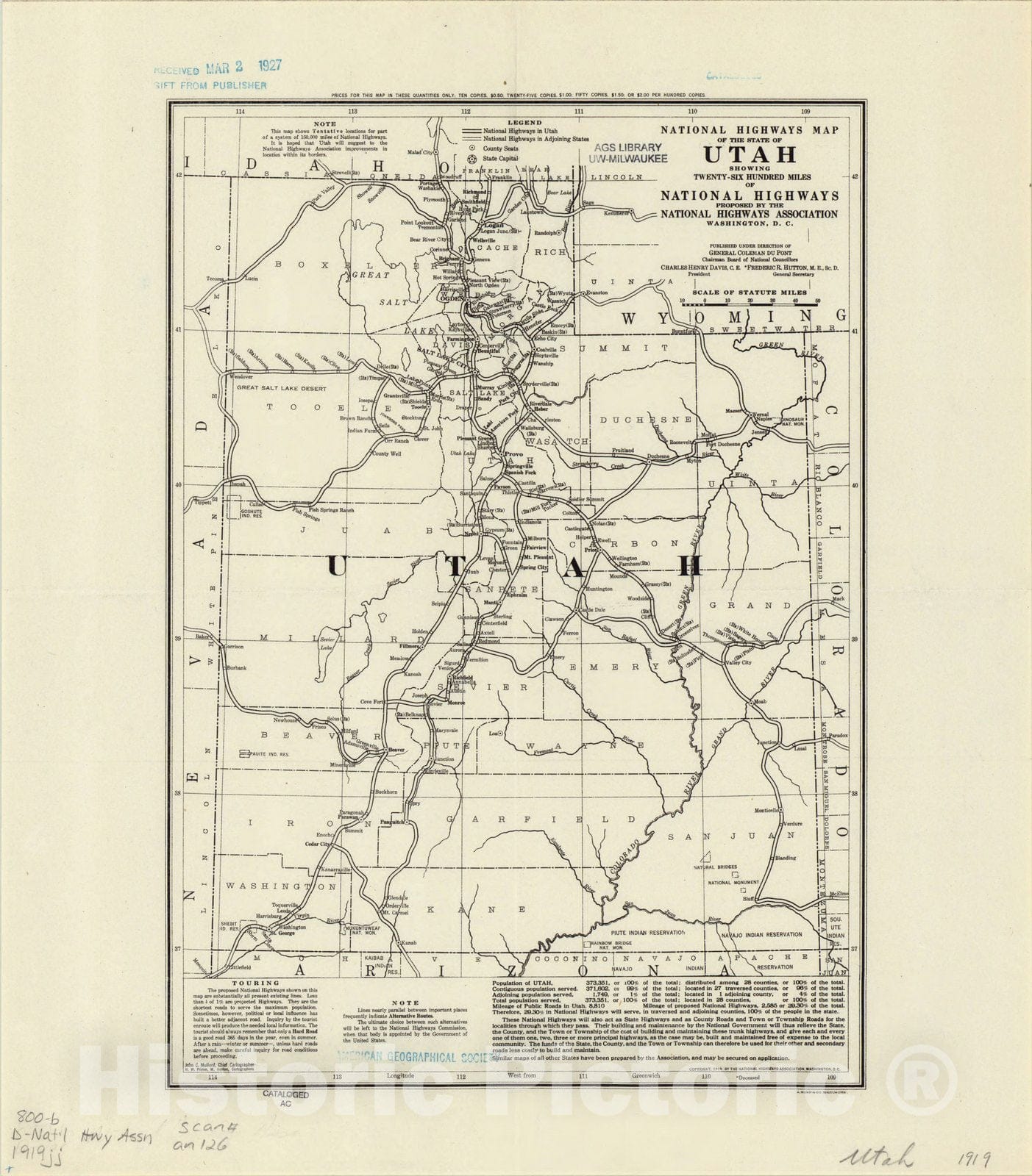 Map : Utah 1919, National highways map of the state of Utah : showing twenty-six hundred miles of national highways