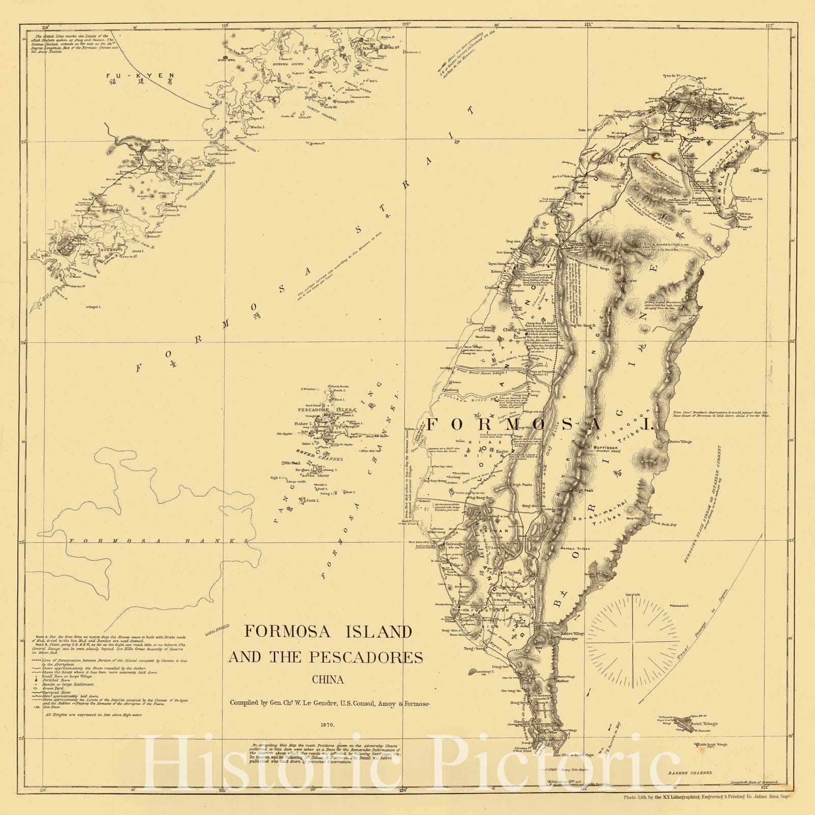 Map : Taiwan 1870, Formosa Island and the Pescadores : China , Antique Vintage Reproduction