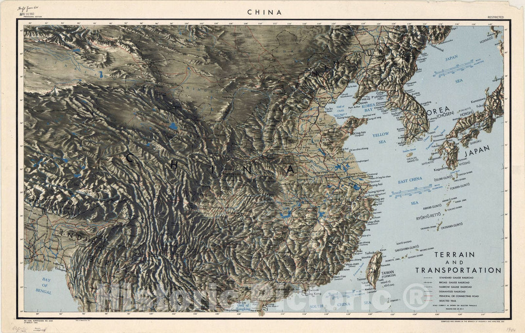 Map : China 1944, China, terrain and transportation , Antique Vintage Reproduction