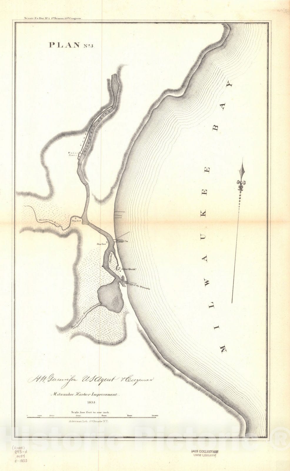 Map : Milwaukee Harbor (Wisconsin) 1853, Milwaukee Harbor improvement 1853 , Antique Vintage Reproduction