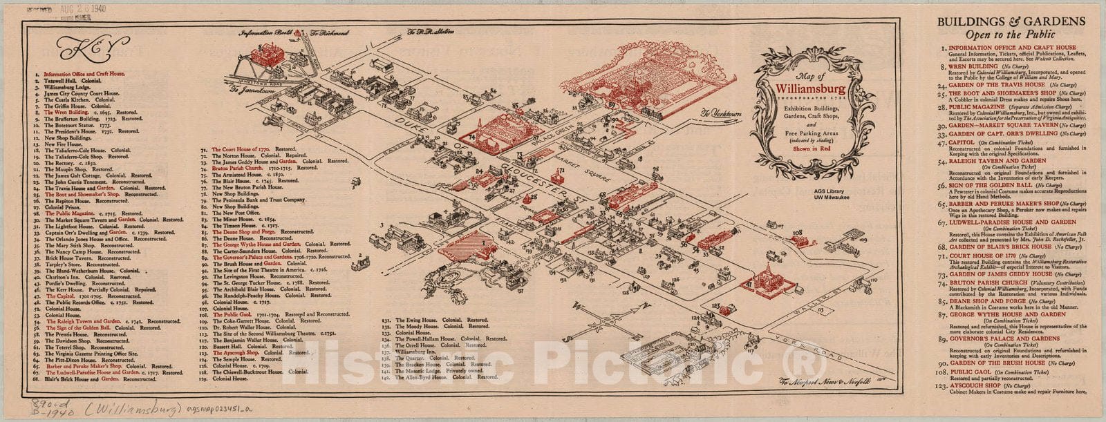 Map : Williamsburg, Virginia 1722 1940, Map of Williamsburg, incorporated 1722. Panel title: Williamsburg, Virginia, Antique Vintage Reproduction