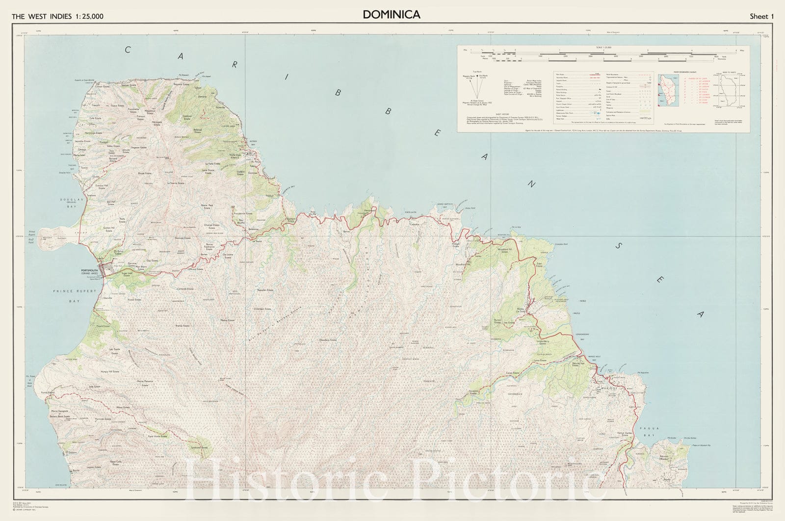 Map : Dominica 1961 2, The West Indies 1:25,000. Dominica, Antique Vintage Reproduction