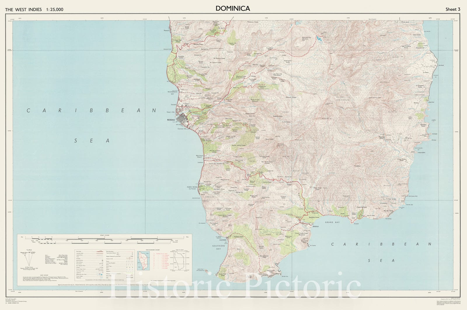 Map : Dominica 1961 1, The West Indies 1:25,000. Dominica, Antique Vintage Reproduction