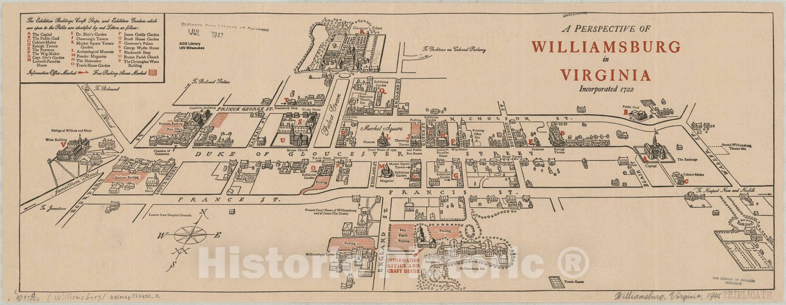 Map : Williamsburg, Virginia 1722 1946, A perspective of Williamsburg in Virginia, incorporated 1722, Antique Vintage Reproduction