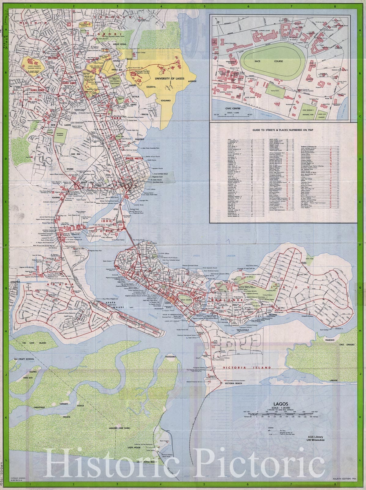 Map : Lagos, Nigeria 1966, Lagos. Panel title: Nation's capital; a street guide to Lagos, Antique Vintage Reproduction