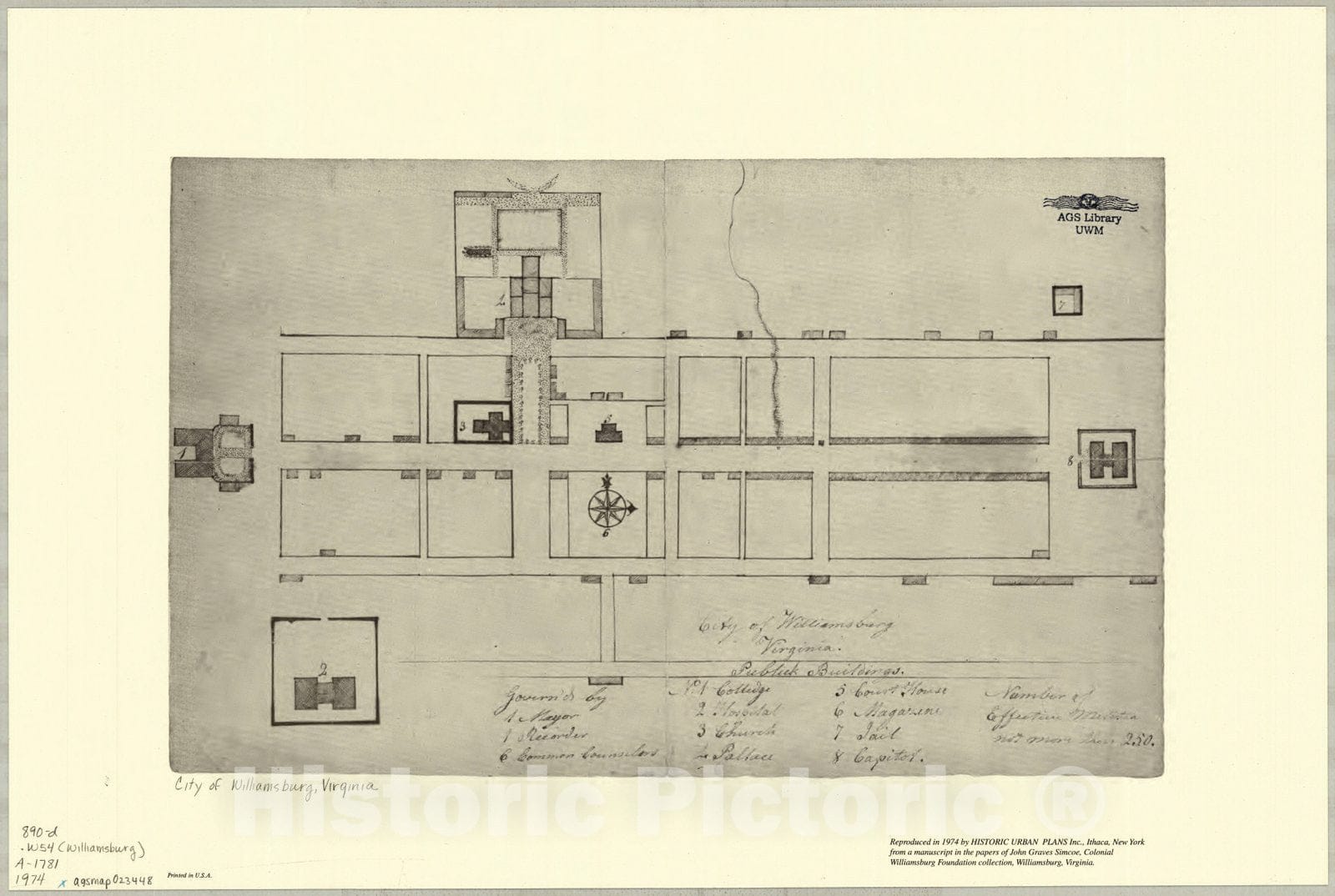 Map : Williamsburg, Virginia 1781 1974, City of Williamsburg, Virginia, Antique Vintage Reproduction