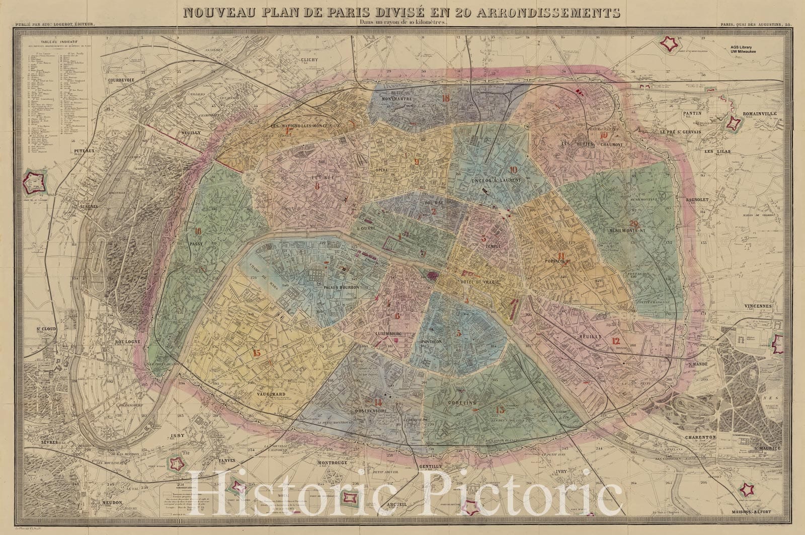 Map : Paris, France 1871, Nouveau plan de Paris divise en 20 arrondissements : dans un rayon de 10 kilometres , Antique Vintage Reproduction