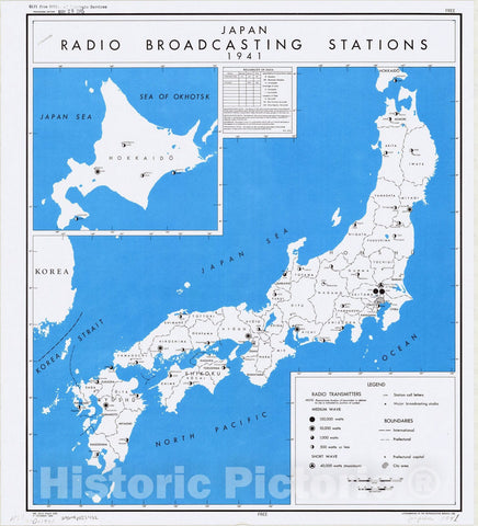 Map : Japan 1944, Japan, radio broadcasting stations, 1941 , Antique Vintage Reproduction