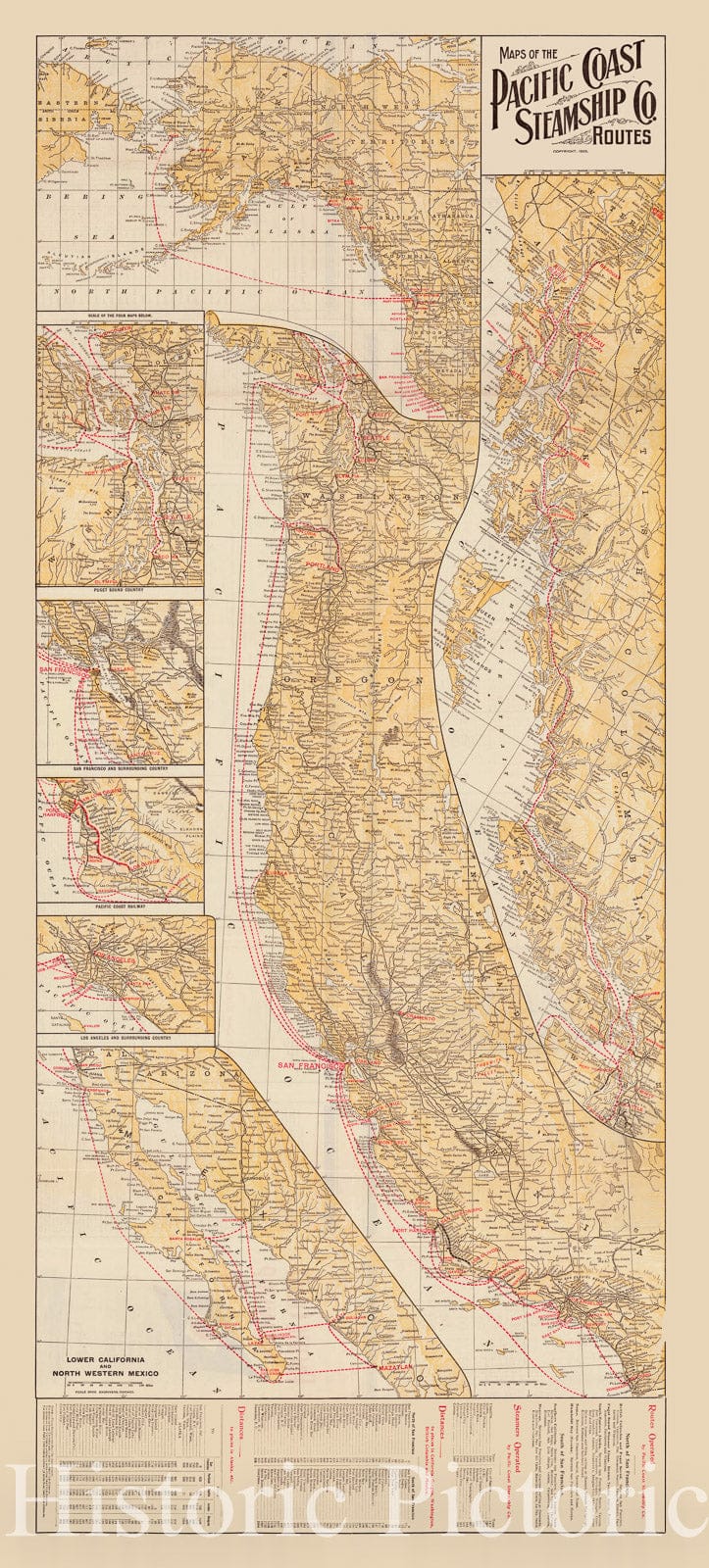 Map : United States, western 1898, Pacific Coast Steamship Co. : California, British Columbia, Washington, Alaska, Oregon, Mexico , Antique Vintage Reproduction