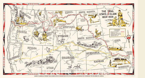 Map : United States, western 1806 1945, The trail of Lewis and Clark 1804-1806 , Antique Vintage Reproduction