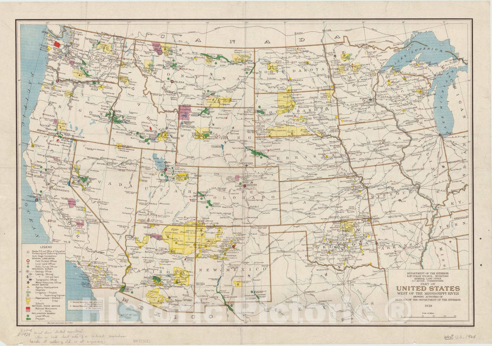 Map : United States, western 1929, Part of United States west of the Mississippi River : showing activities of Bureaus of the Department of the Interior