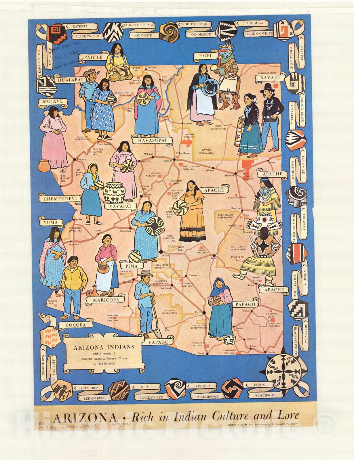 Map : Arizona 1963, Arizona Indians with a border of ancient Arizona pottery types , Antique Vintage Reproduction