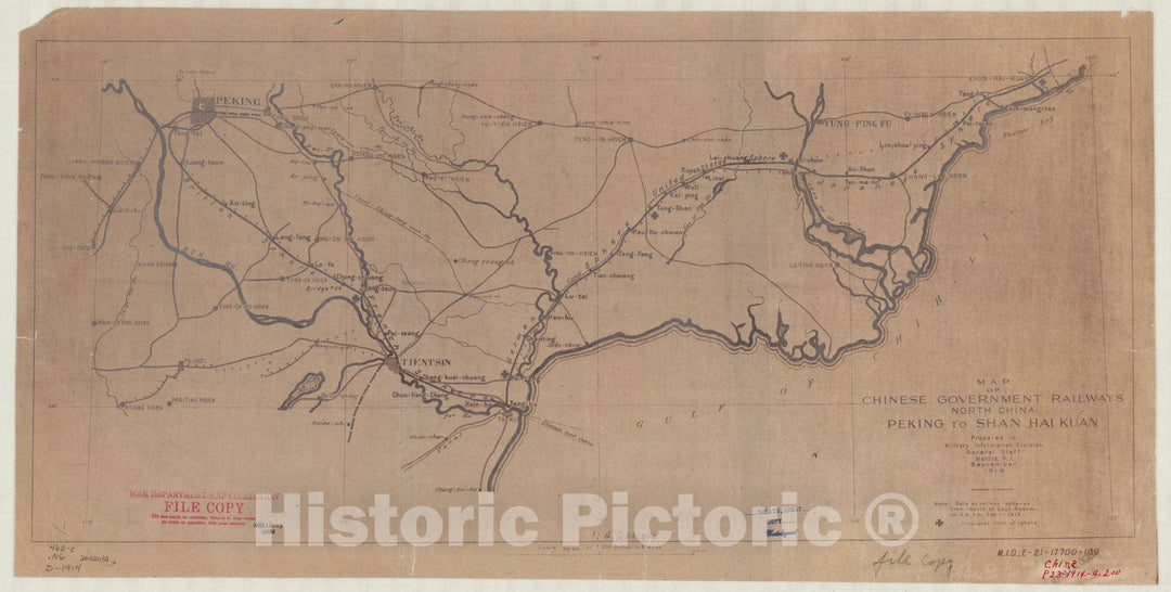 Map : China, northern 1914, Map of Chinese government railways, North China Peking to Shan Hai Kuan , Antique Vintage Reproduction