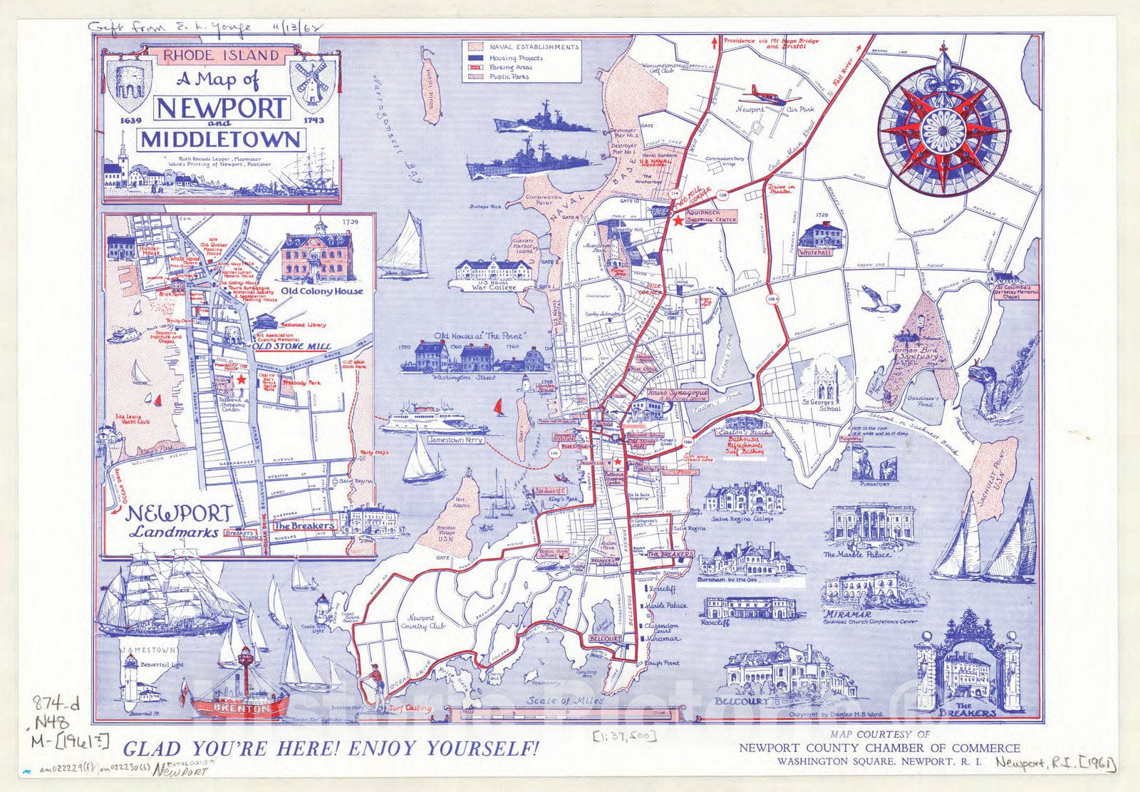 Map : Newport, Rhode Island 1961, Rhode Island : a map of Newport and Middletown , Antique Vintage Reproduction