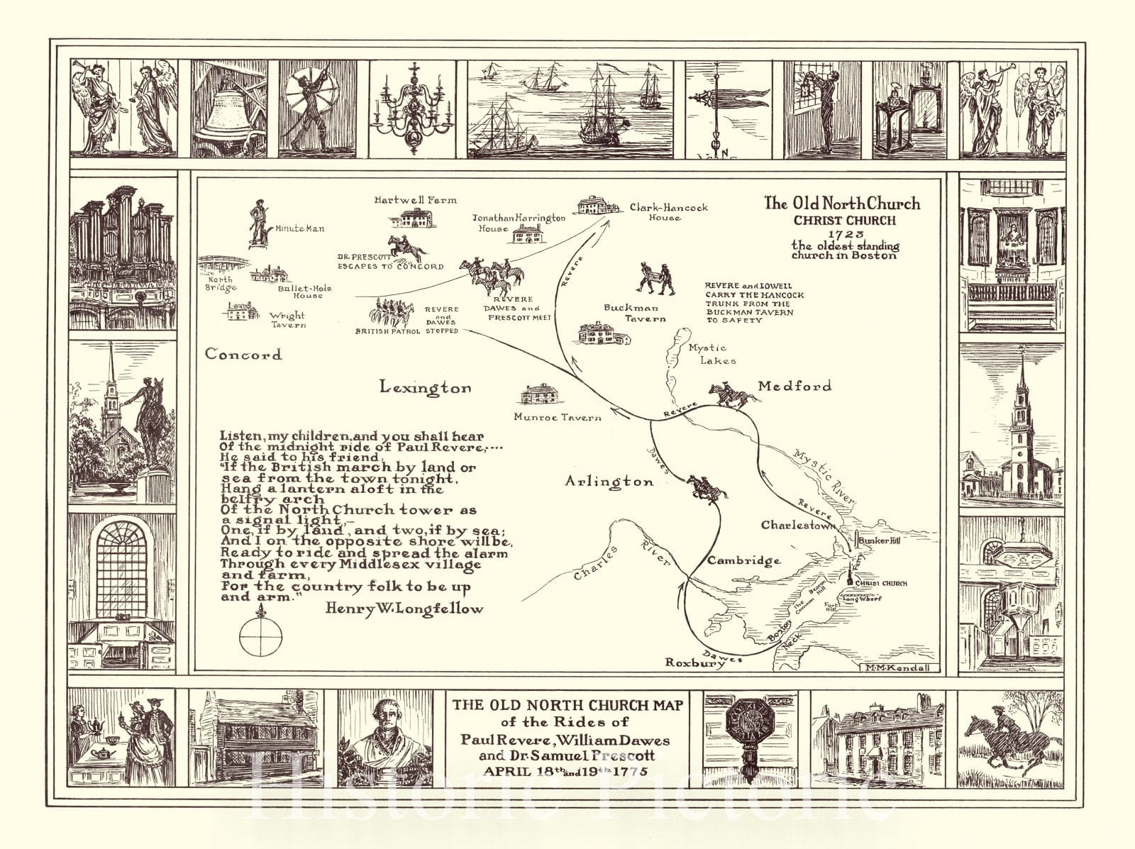 Map : Boston, Massachusetts 1959, The Old North Church map of the rides of Paul Revere, William Dawes, and Dr. Samuel Prescott, April 18th and 19th 1775