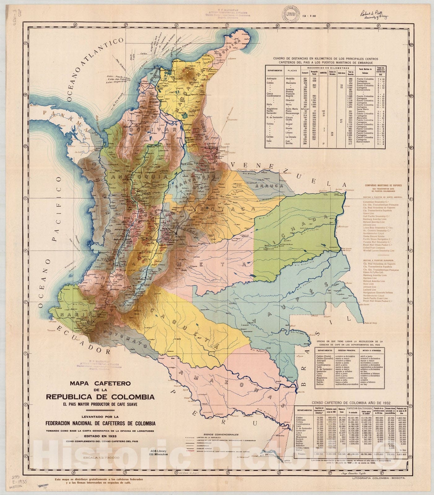 Map : Colombia 1933, Mapa cafetero de la Republica de Colombia : el pais mayor productor de cafe suave , Antique Vintage Reproduction