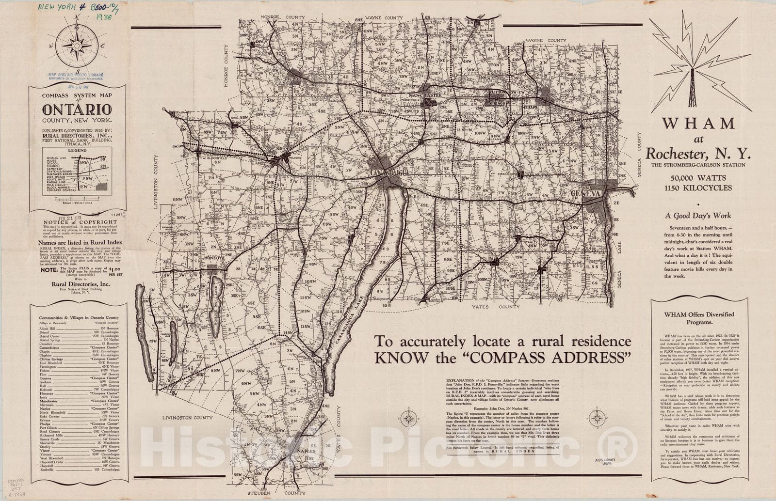 Map : Ontario County, New York 1938, Compass System map of Ontario County, New York , Antique Vintage Reproduction