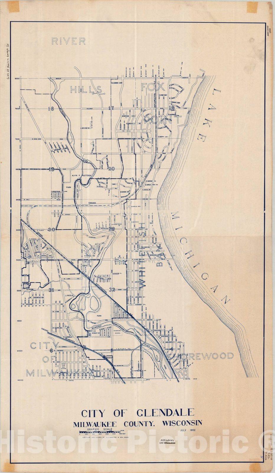 Map : Glendale, Wisconsin 1952, City of Glendale, Milwaukee County, Wisconsin , Antique Vintage Reproduction