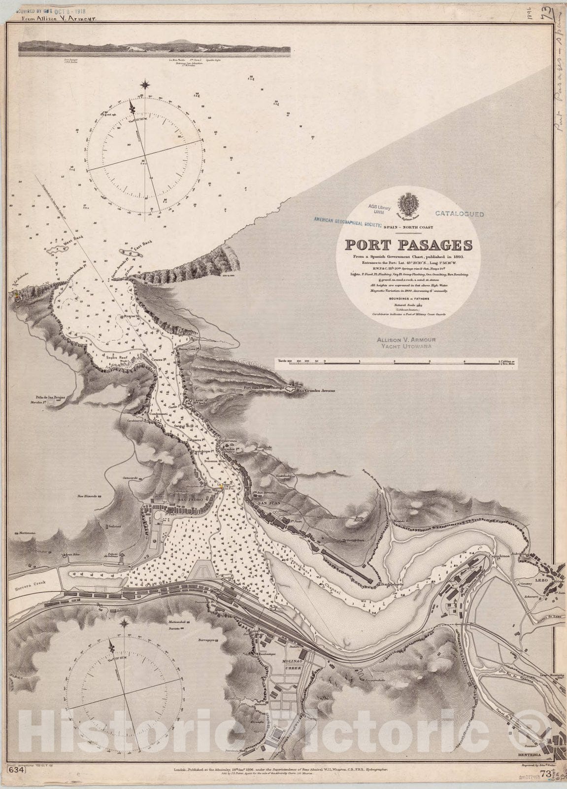 Map : Spain, north coast 1902, Spain, north coast, Port Pasages , Antique Vintage Reproduction