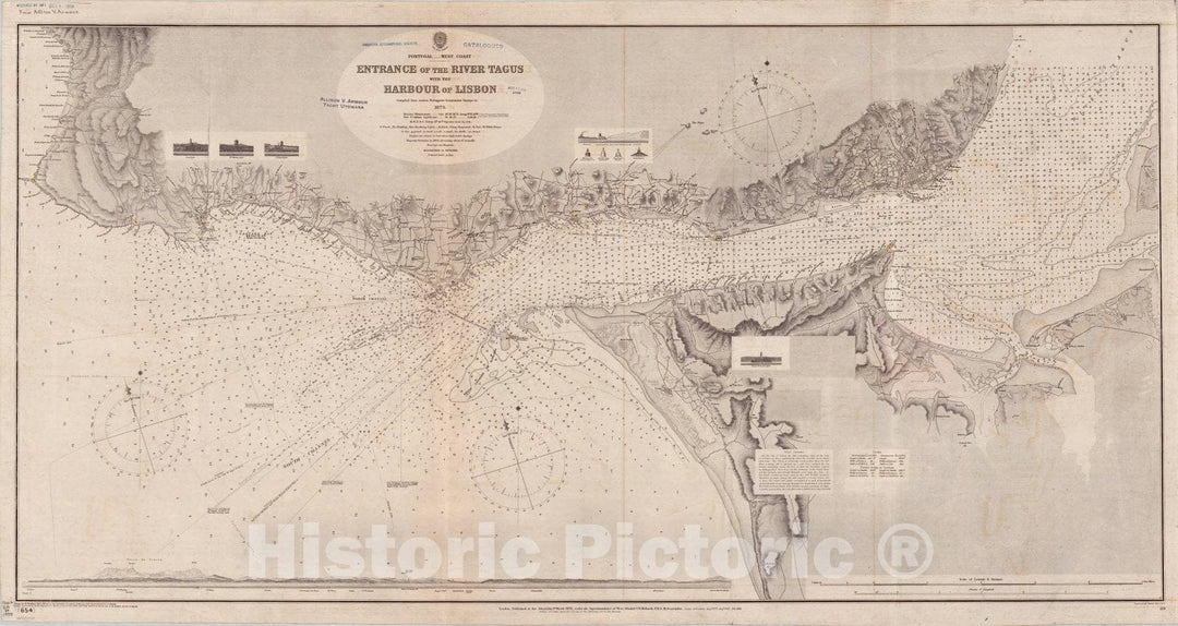 Map : Portugal, west coast 1898, Portugal, west coast, entrance of the River Tagus with the Harbour of Lisbon , Antique Vintage Reproduction