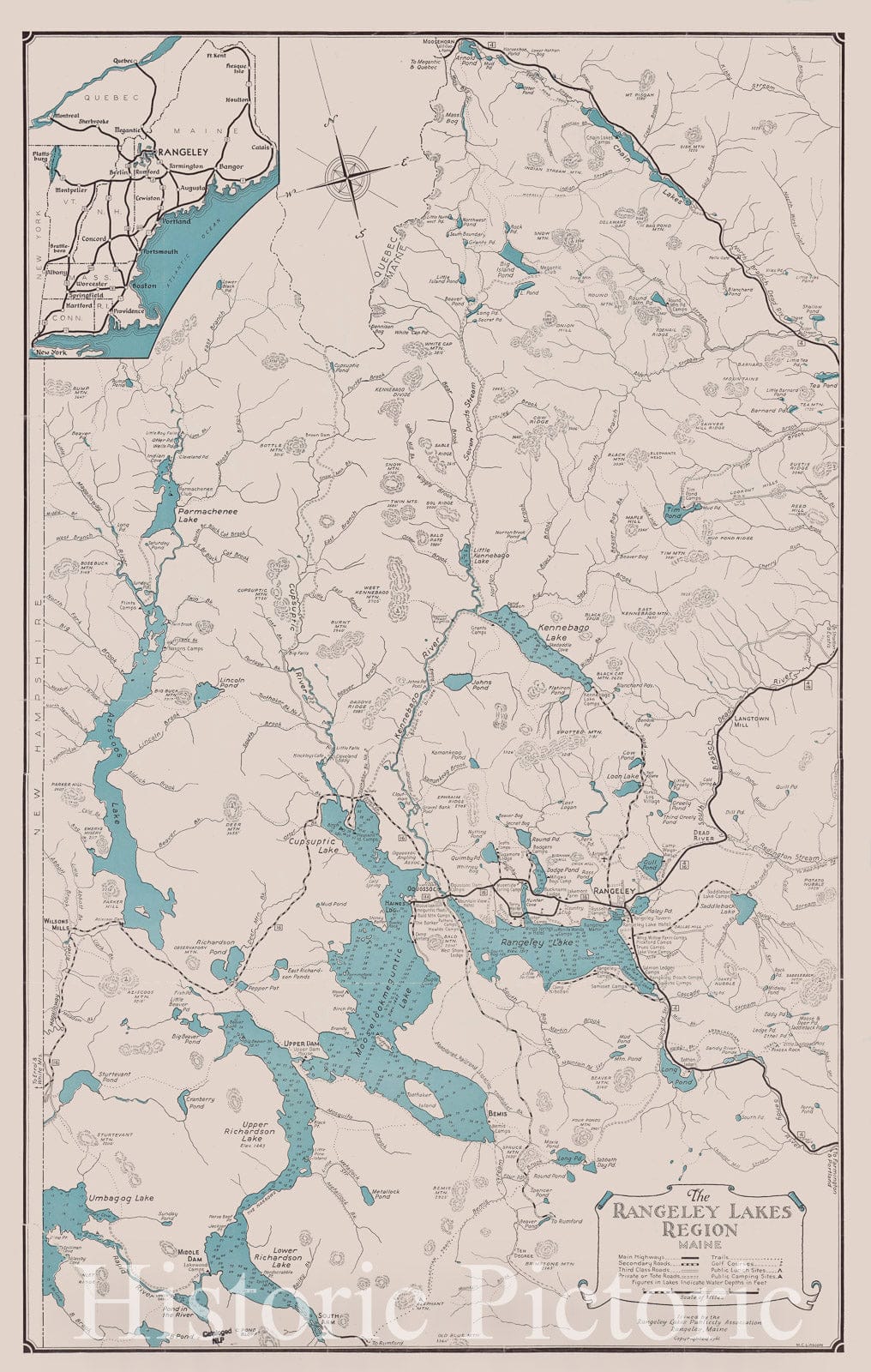 Map : Rangeley Lakes, Maine, The Rangeley Lakes region, Maine , Antique Vintage Reproduction