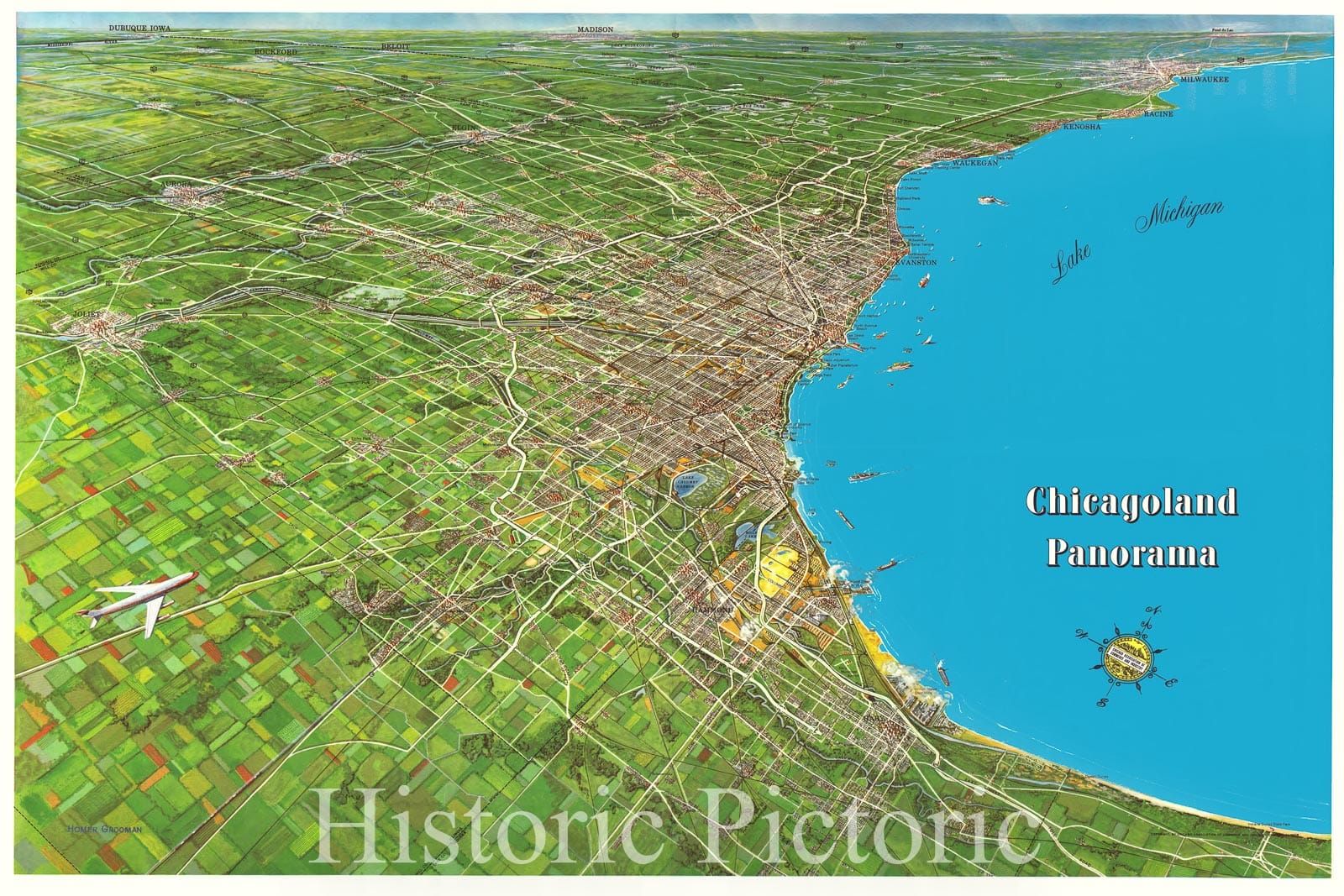 Map : Chicago, Illinois 1958?, Chicagoland panorama map in full color : pictures and directory, highways, points of principal interest , Antique Vintage Reproduction