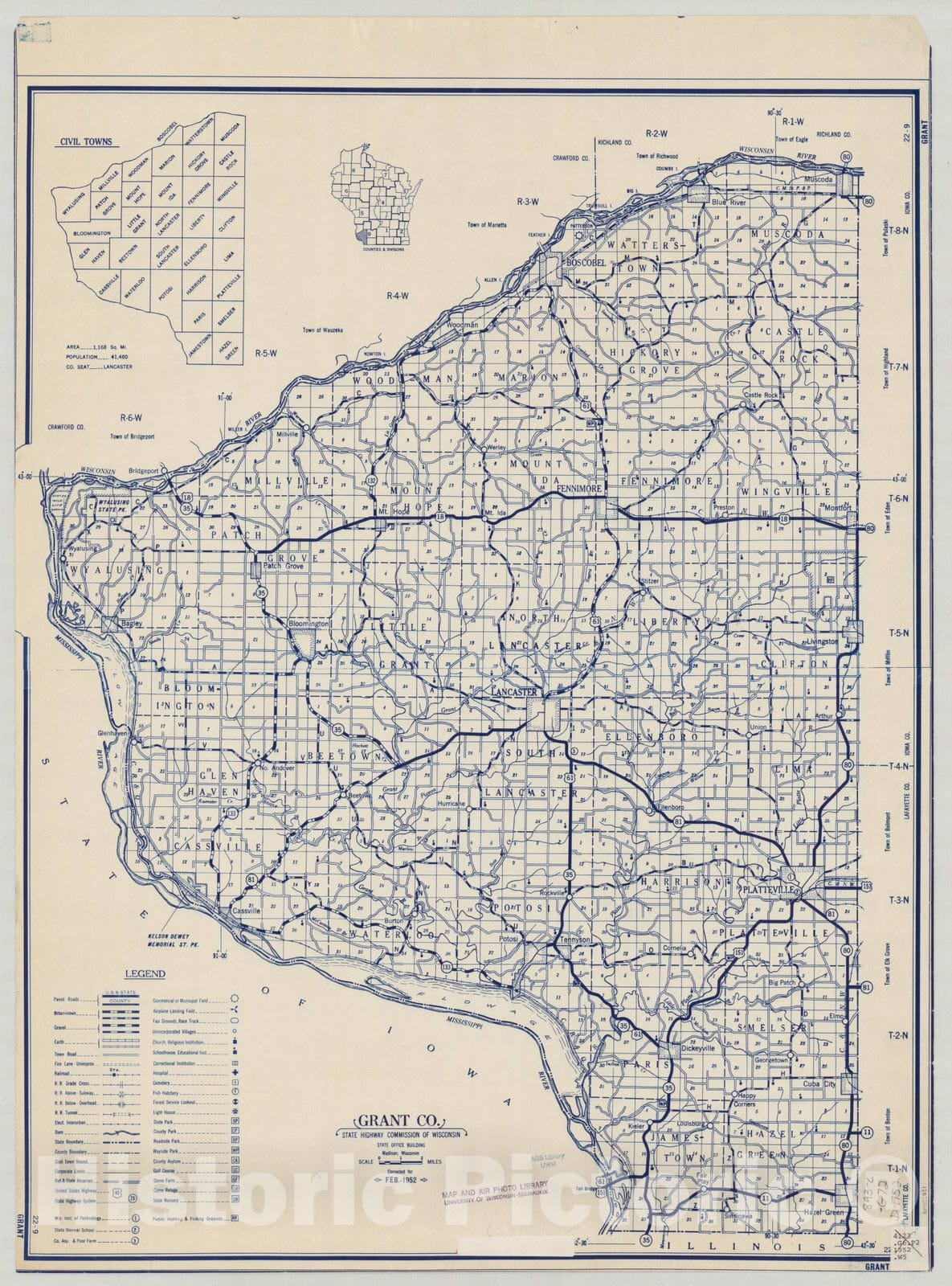 Map : Grant County, Wisconsin 1952, Grant Co. , Antique Vintage Reproduction