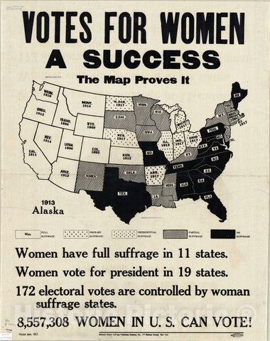 Map : United States 1917, Votes for women a success : the map proves it, Antique Vintage Reproduction
