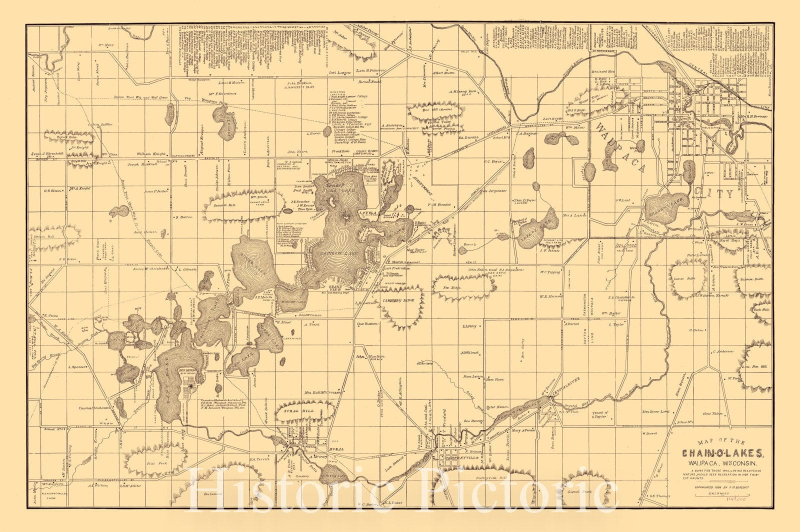 Map : Waupaca County, Wisconsin 1896, Map of the Chain-O'-Lakes, Waupaca, Wisconsin : a guide for those who, loving beauteous nature, Antique Vintage Reproduction