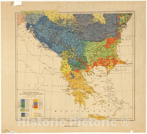 Map : Balkans 1918, Carte ethnographique de la Peninsule des Balkans , Antique Vintage Reproduction
