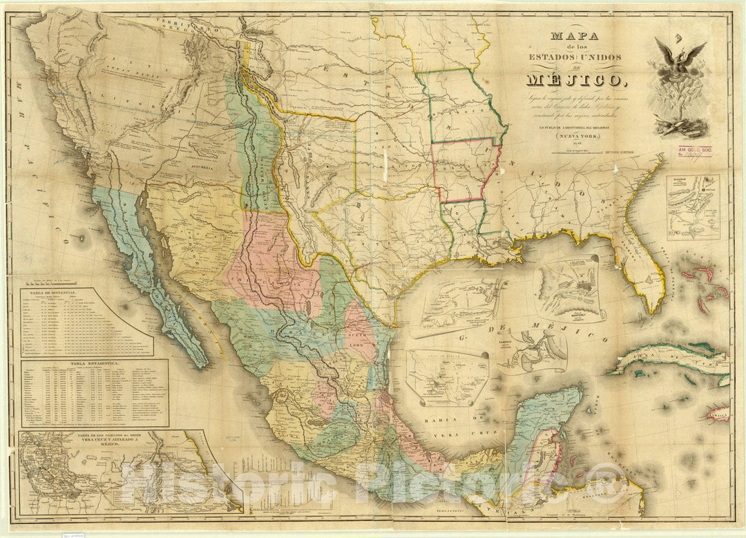 Map : Mexico 1848, Mapa de los estados unidos de Mejico , Antique Vintage Reproduction