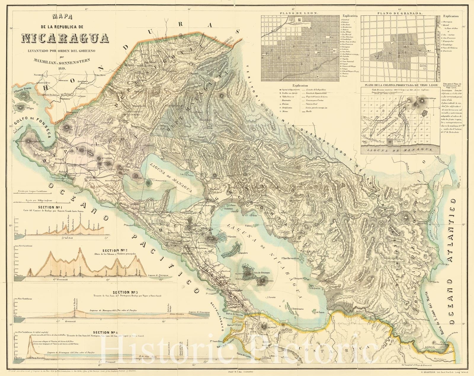 Map : Nicaragua 1858, Mapa general de la republica Nicaragua , Antique Vintage Reproduction