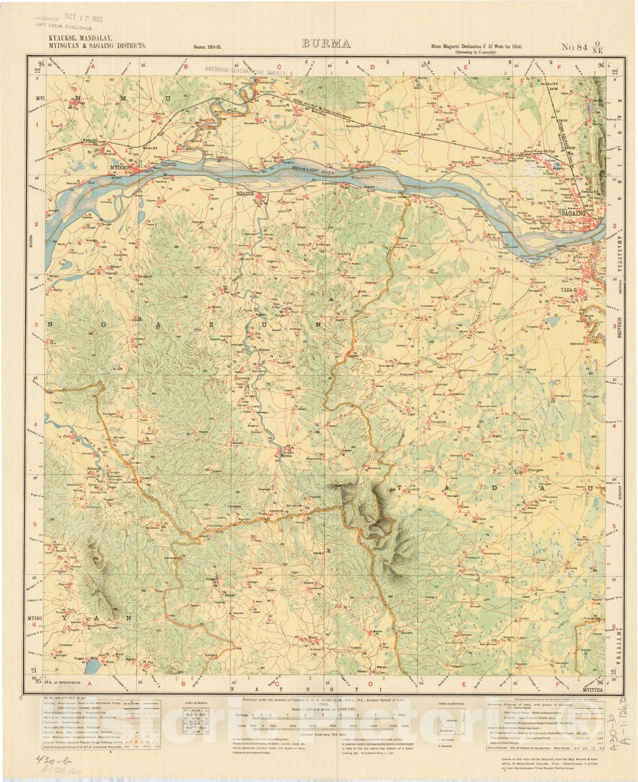 Map : Kyaukse, Mandalay, Myingyan & Sagaing Districts, Burma, No. 84 O/N.E. 1922, India and adjacent countries, Antique Vintage Reproduction