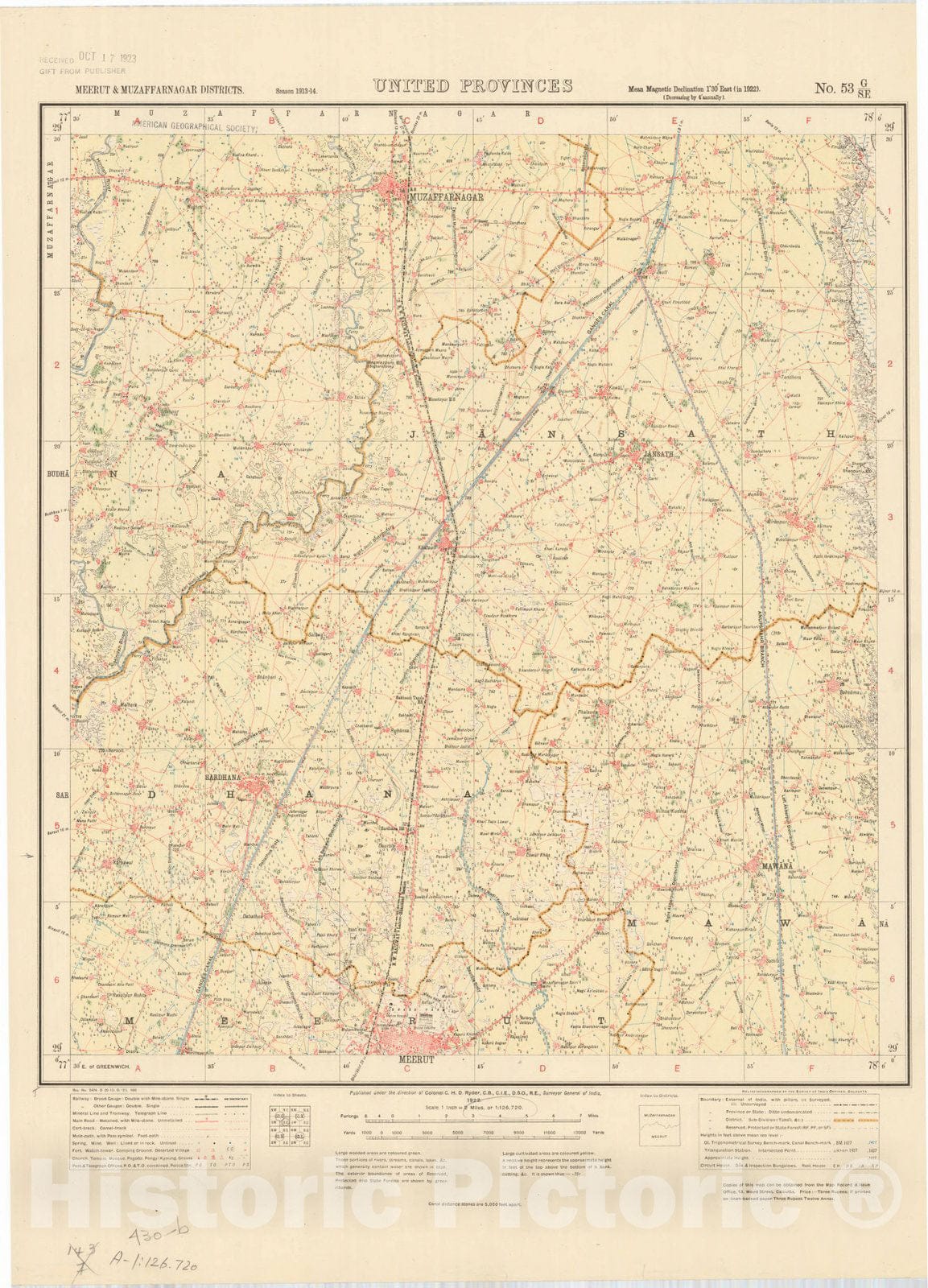 Map : Meerut & Muzaffarnagar Districts, United Provinces, No. 53 G/S.E. 1922, India and adjacent countries, Antique Vintage Reproduction