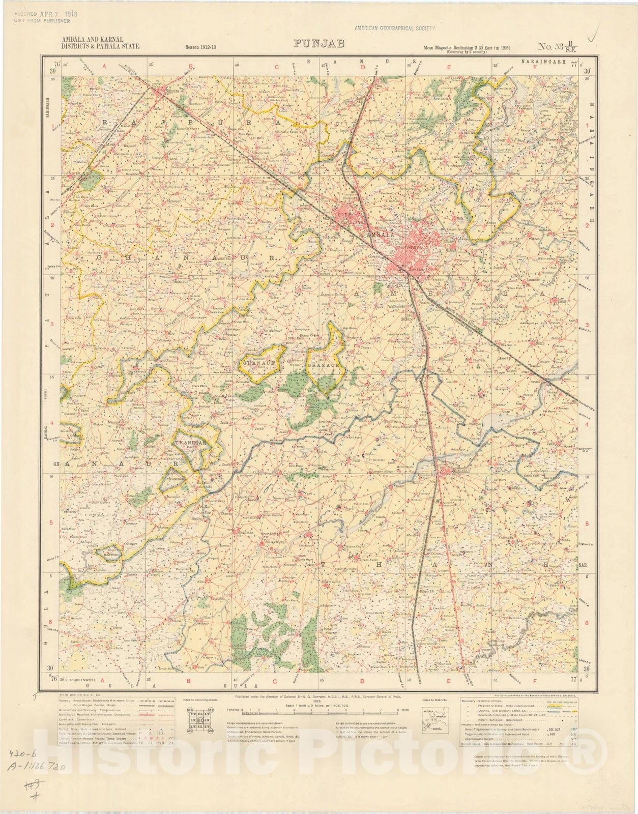 Map : Ambala and Karnal Districts & Patiala State, Punjab No. 53 B/S.E. 1916, India and adjacent countries, Antique Vintage Reproduction