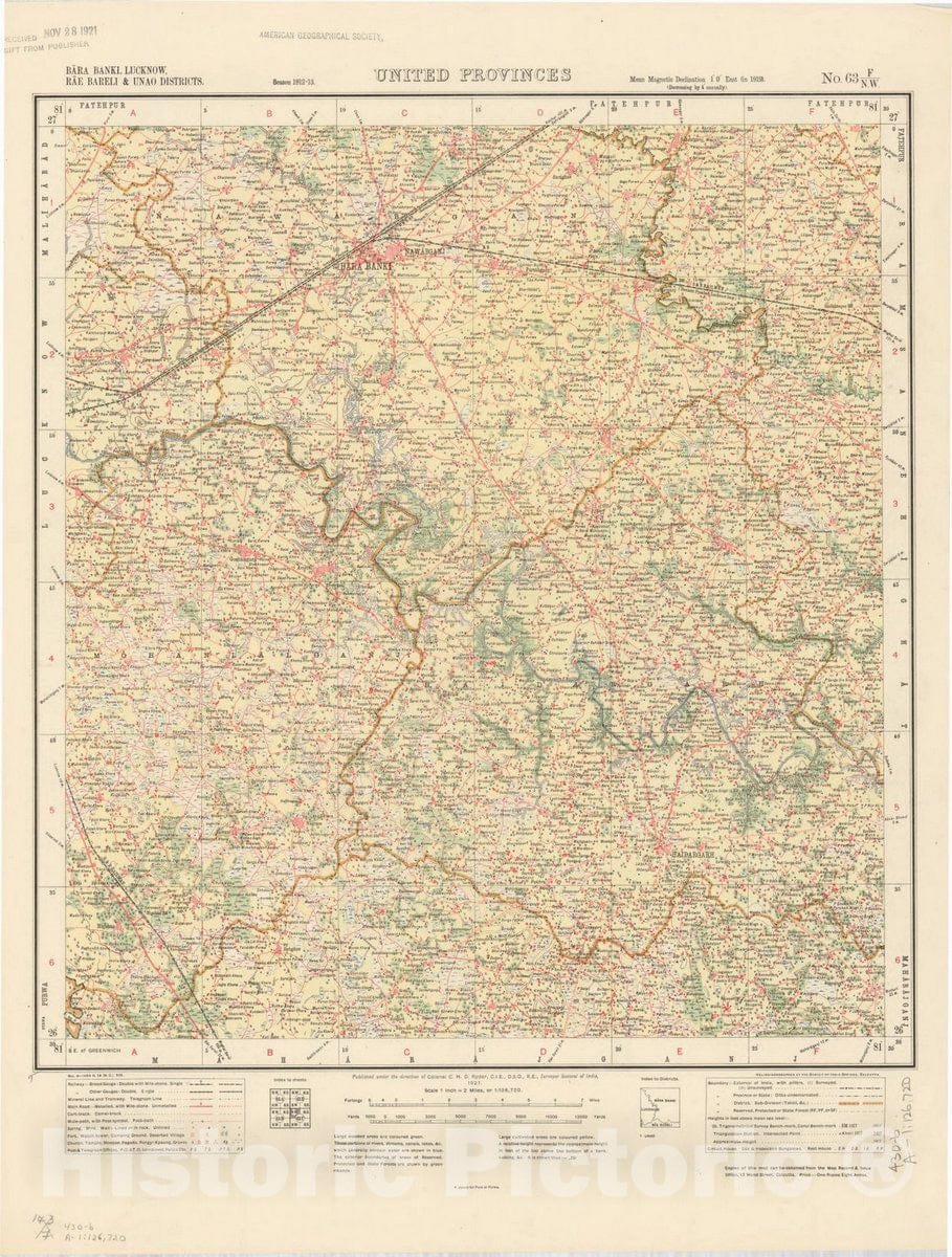 Map : Bara Banki, Lucknow, Rae Bareli & Unao Districts, United Provinces, No. 63 F/N.W. 1921, India and adjacent countries, Antique Vintage Reproduction