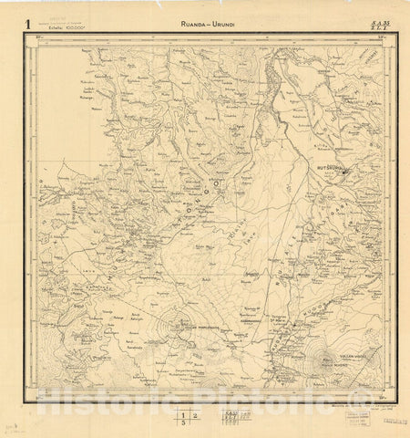 Map : Ruanda-Urundi, Africa 1948 3, Belgian Congo, Africa Ruanda-Urundi District scale 1:100,000 , Antique Vintage Reproduction
