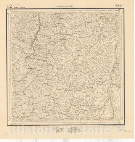 Map : Ruanda-Urundi, Africa 1948 9, Belgian Congo, Africa Ruanda-Urundi District scale 1:100,000 , Antique Vintage Reproduction