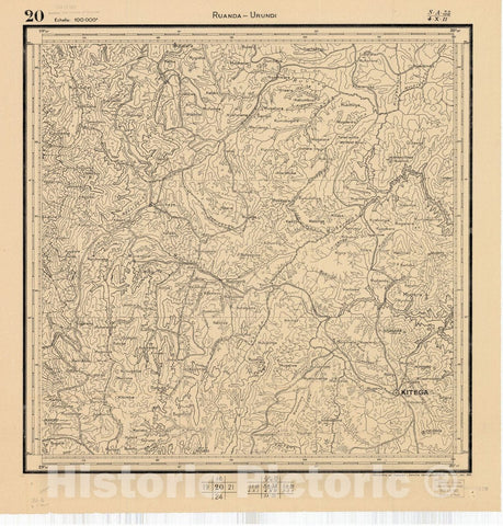 Map : Ruanda-Urundi, Africa 1948 14, Belgian Congo, Africa Ruanda-Urundi District scale 1:100,000 , Antique Vintage Reproduction