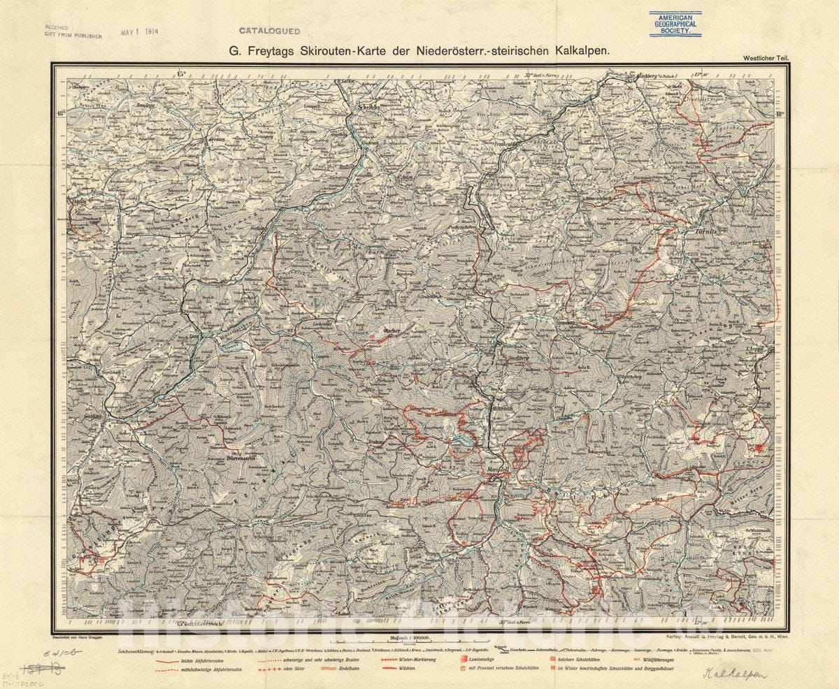 Map : Turnitz, Austria 1913, G. Freytags Skirouten-Karte der niederosterr-steirischen Kalkalpen Westlicher Teil, Antique Vintage Reproduction