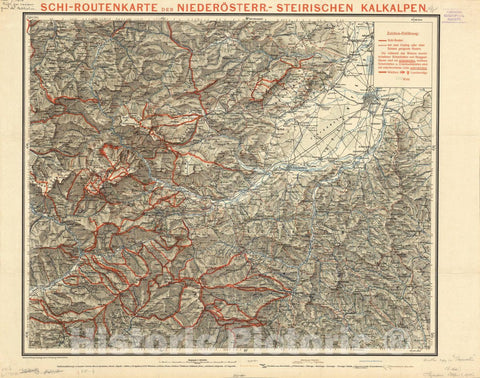 Map : Kalkalpen, Austria 1910, Schi-Routenkarte der Niederosterr.-Steirischen Kalklpen, Antique Vintage Reproduction