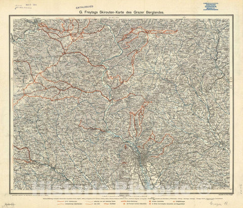 Map : Graz, Austria 1913, G. Freytags Skirouten-Karte des Grazer Berglandes, Antique Vintage Reproduction