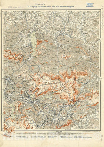 Map : Salzkammergut, Austria 1913, G. Freytags Skirouten-Karte des ostl. Salzkammergutes, Antique Vintage Reproduction