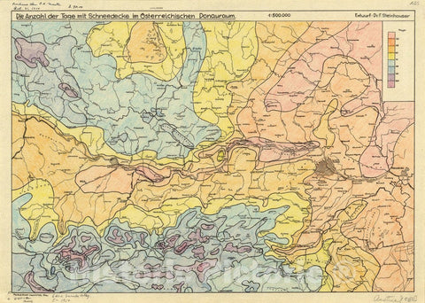 Map : Wein region, Austria 1950, Die Anzahl der Tage mit Schneedecke im Ostereichischen Donauraum , Antique Vintage Reproduction
