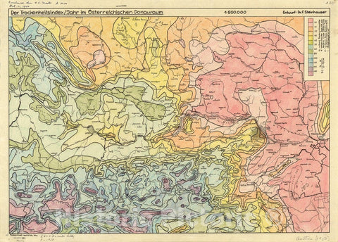 Map : Wein region, Austria 1950, Der Trockenheitsindex , Antique Vintage Reproduction