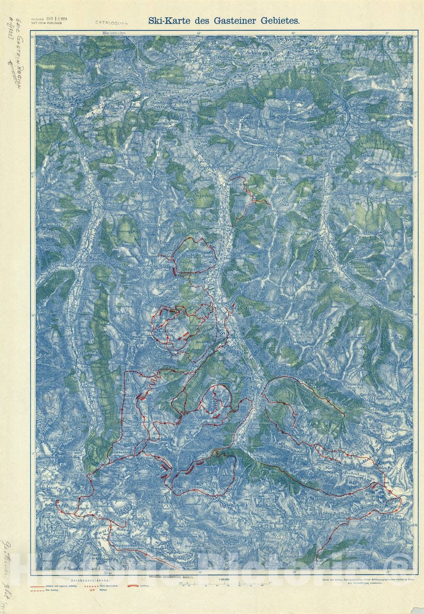 Map : Badgastein, Austria 1923, Ski-Karte des Gasteiner Gebietes , Antique Vintage Reproduction