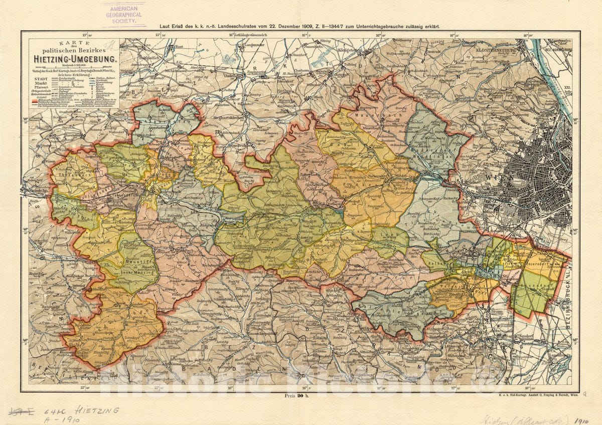 Map : Hietzing, Vienna, Austria 1910 2, Karte des politischen Bezirkes Hietzing-Umgebung, Antique Vintage Reproduction